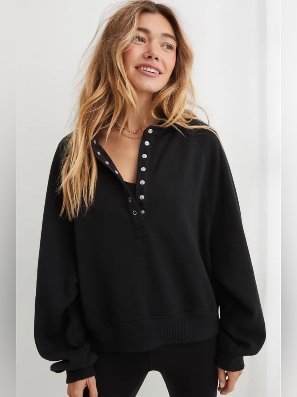 Aerie Black quarter snap oversized pullover cropped sweatshirt S - Picture 1 of 7